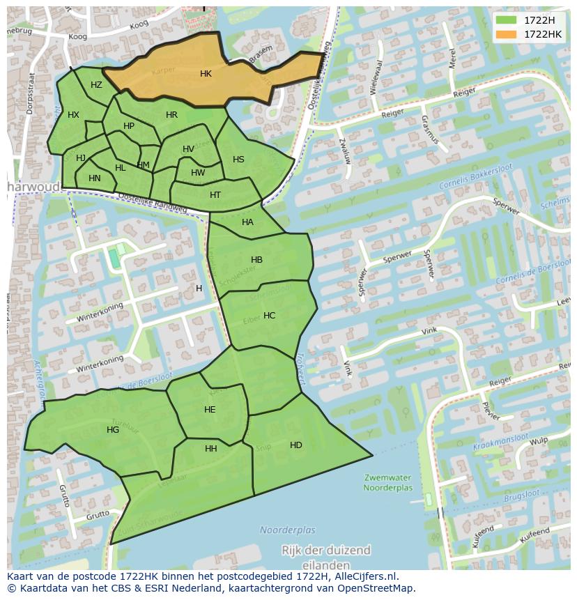 Afbeelding van het postcodegebied 1722 HK op de kaart.