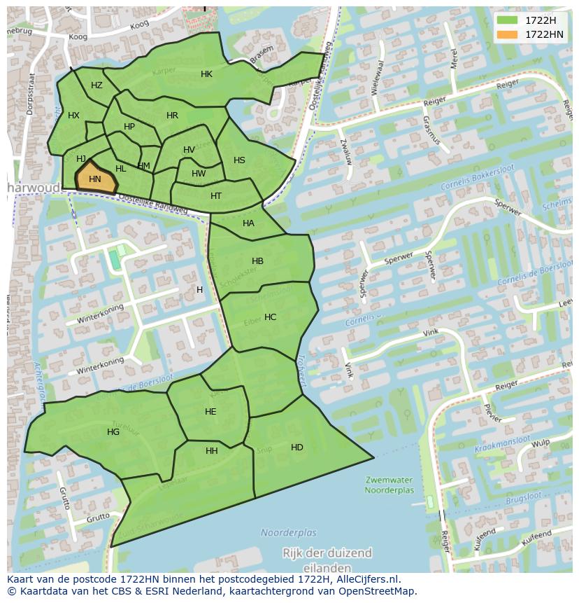 Afbeelding van het postcodegebied 1722 HN op de kaart.