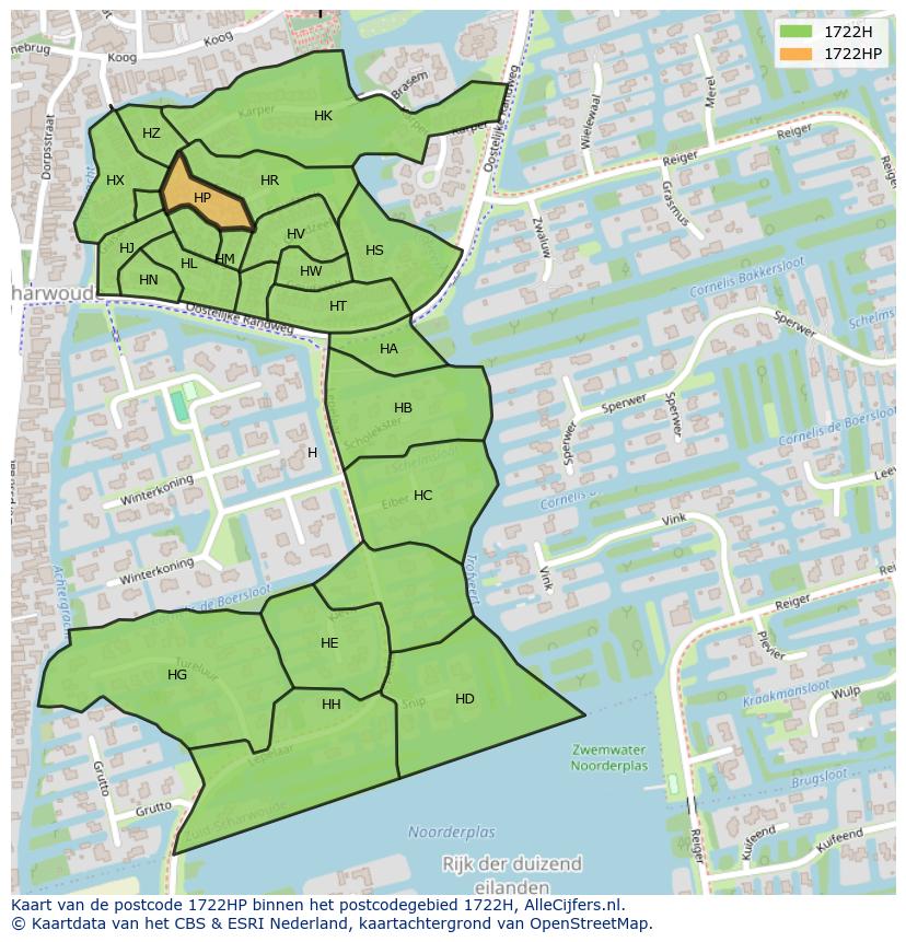 Afbeelding van het postcodegebied 1722 HP op de kaart.