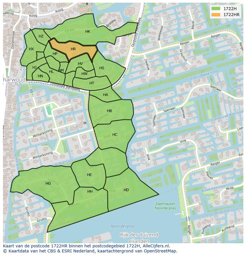 Afbeelding van het postcodegebied 1722 HR op de kaart.