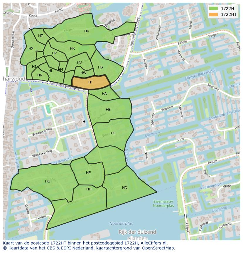 Afbeelding van het postcodegebied 1722 HT op de kaart.