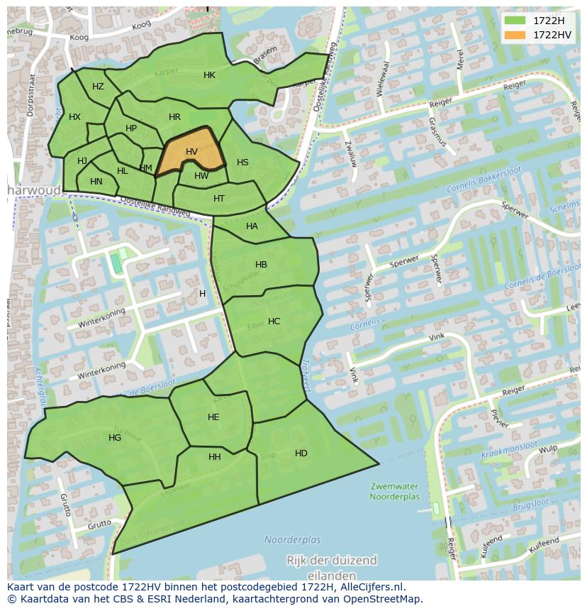 Afbeelding van het postcodegebied 1722 HV op de kaart.