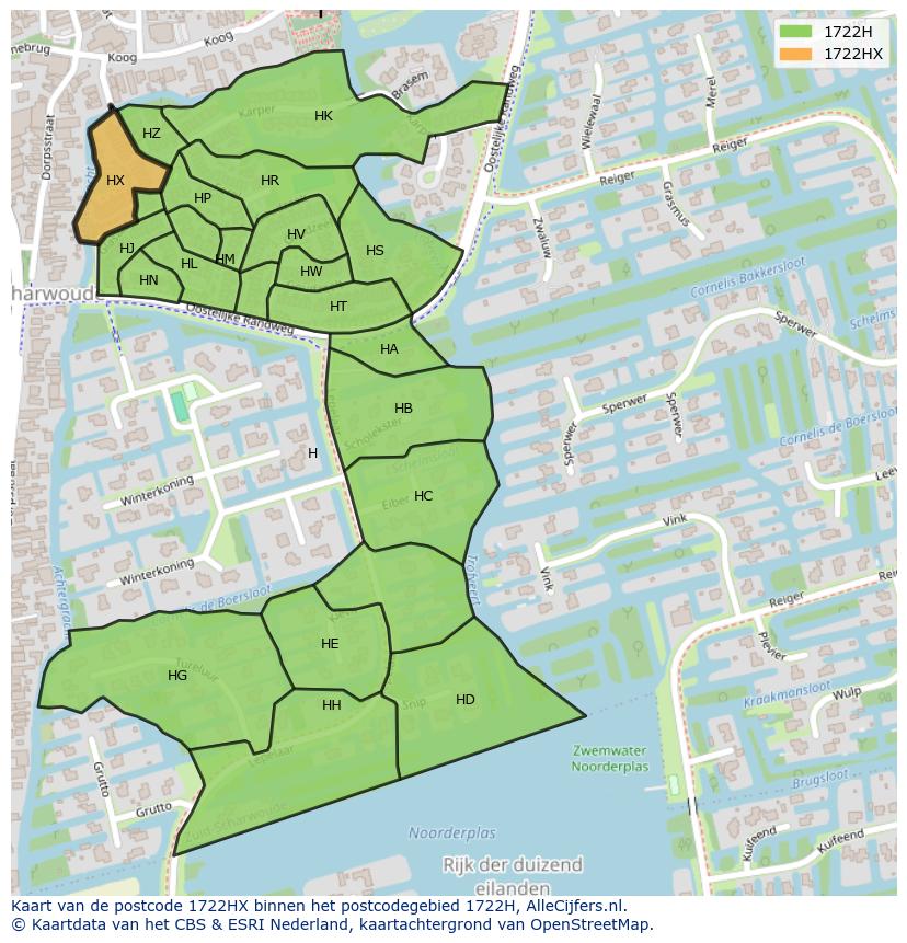 Afbeelding van het postcodegebied 1722 HX op de kaart.