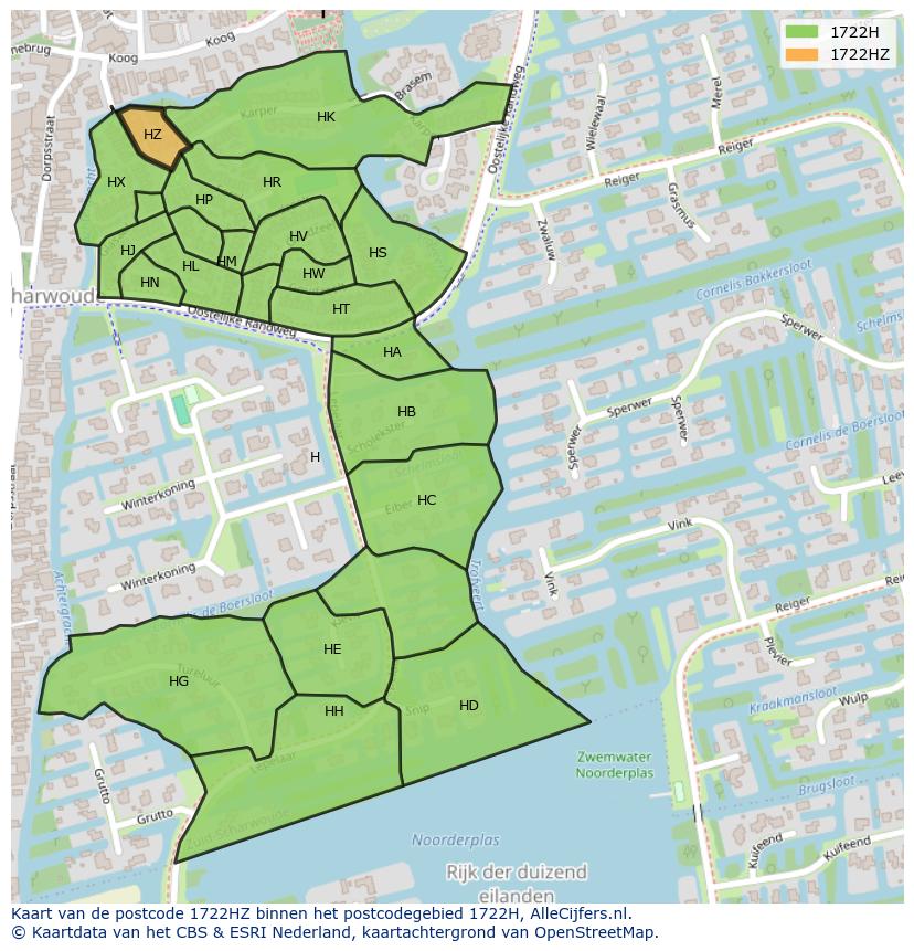 Afbeelding van het postcodegebied 1722 HZ op de kaart.