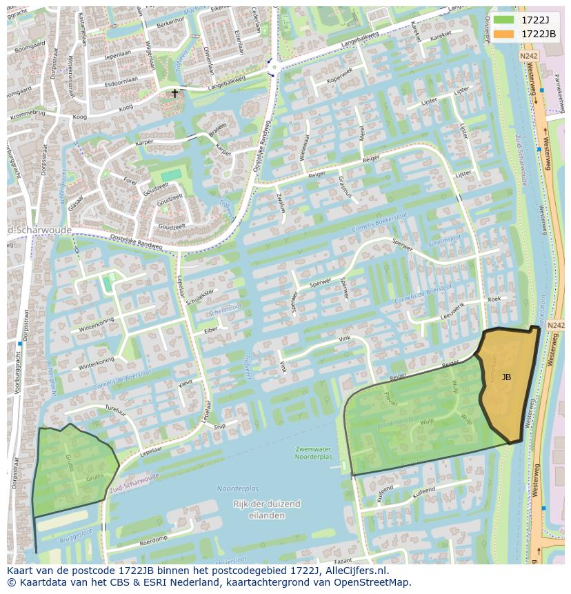 Afbeelding van het postcodegebied 1722 JB op de kaart.