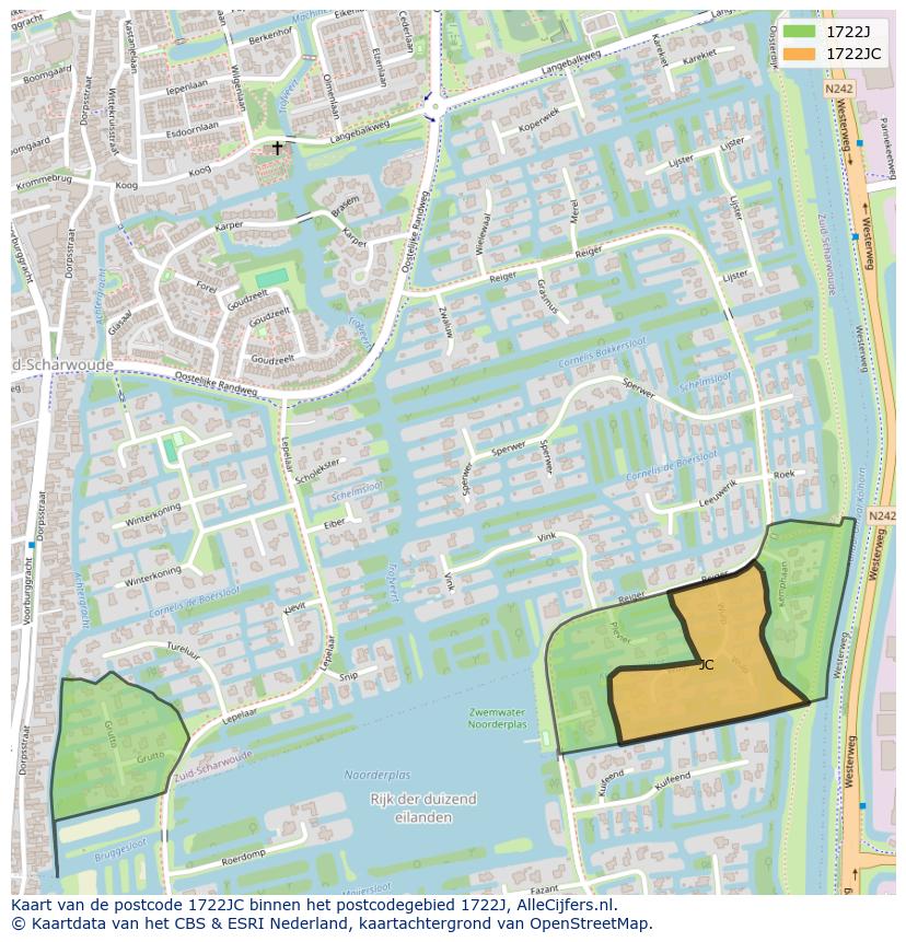Afbeelding van het postcodegebied 1722 JC op de kaart.