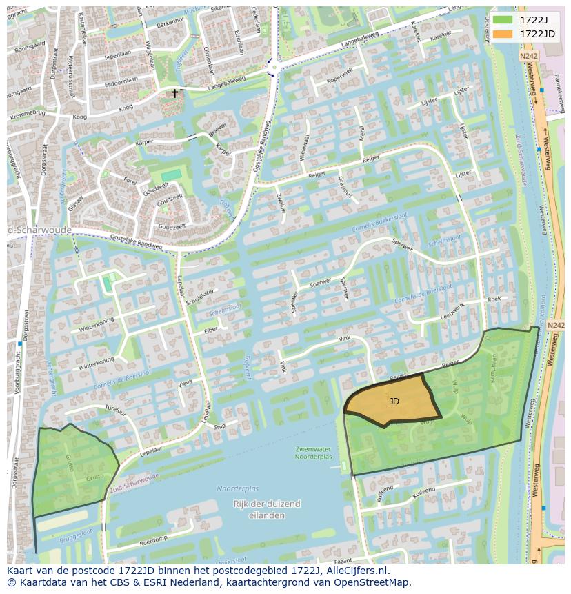 Afbeelding van het postcodegebied 1722 JD op de kaart.