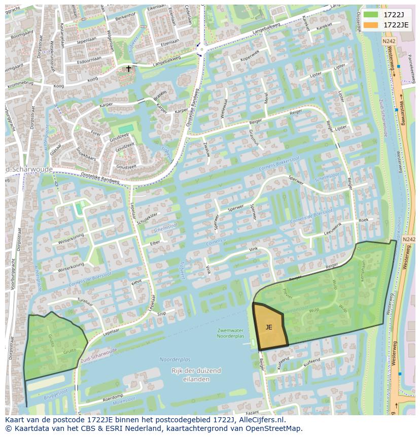 Afbeelding van het postcodegebied 1722 JE op de kaart.
