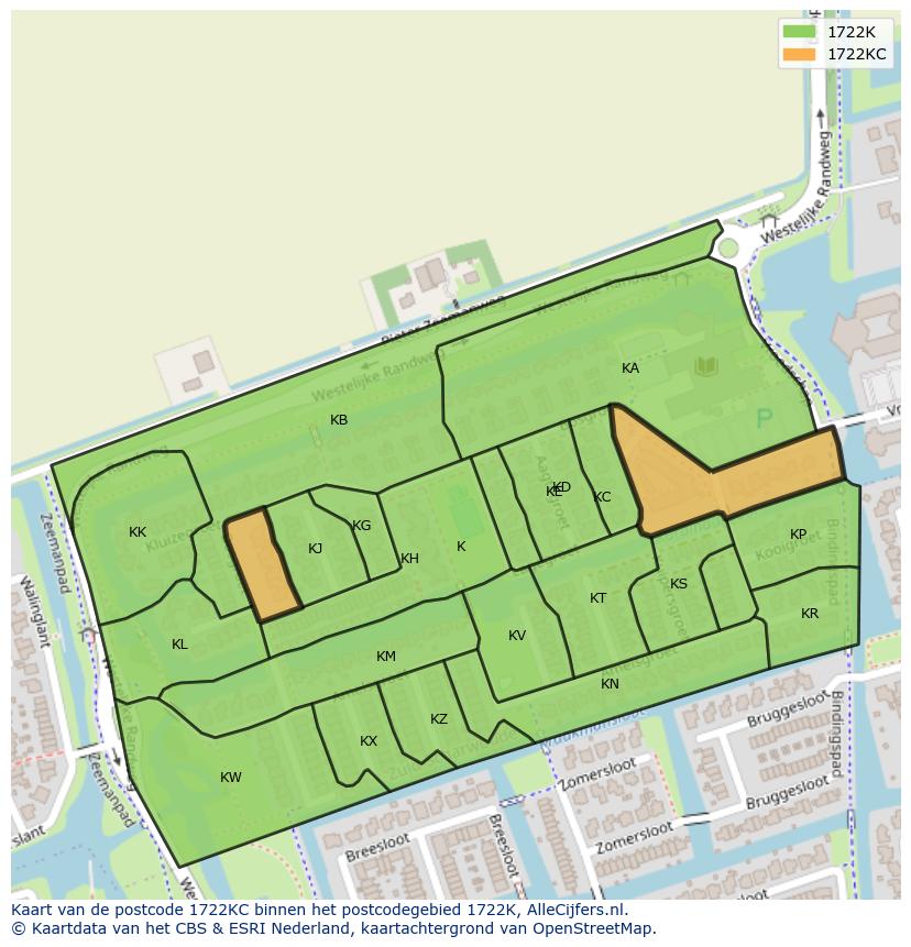 Afbeelding van het postcodegebied 1722 KC op de kaart.