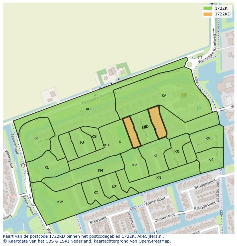 Afbeelding van het postcodegebied 1722 KD op de kaart.