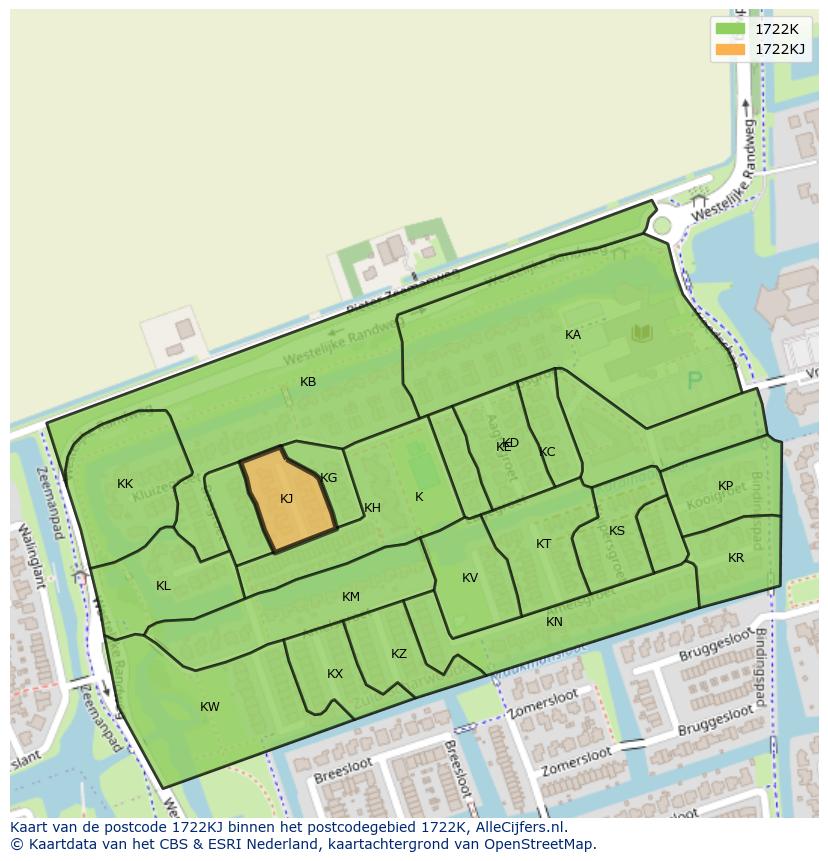 Afbeelding van het postcodegebied 1722 KJ op de kaart.