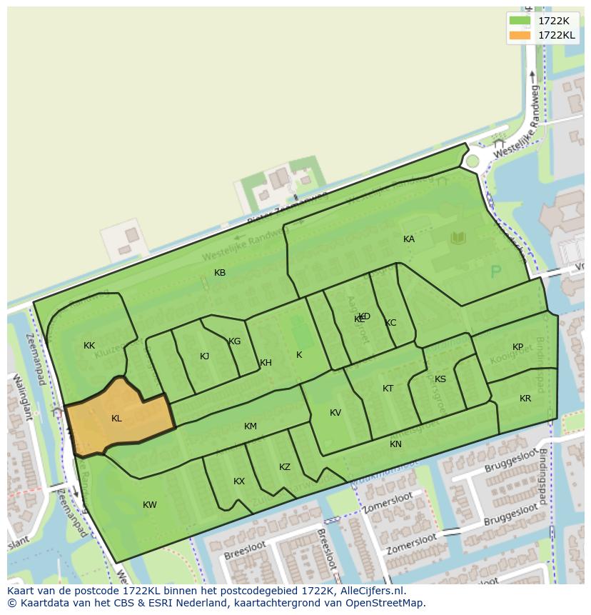 Afbeelding van het postcodegebied 1722 KL op de kaart.