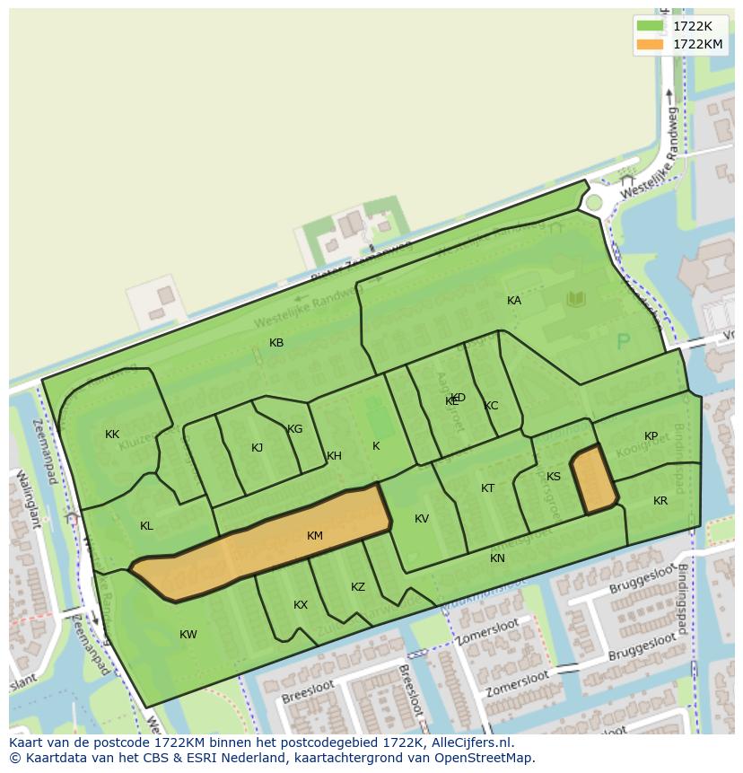 Afbeelding van het postcodegebied 1722 KM op de kaart.