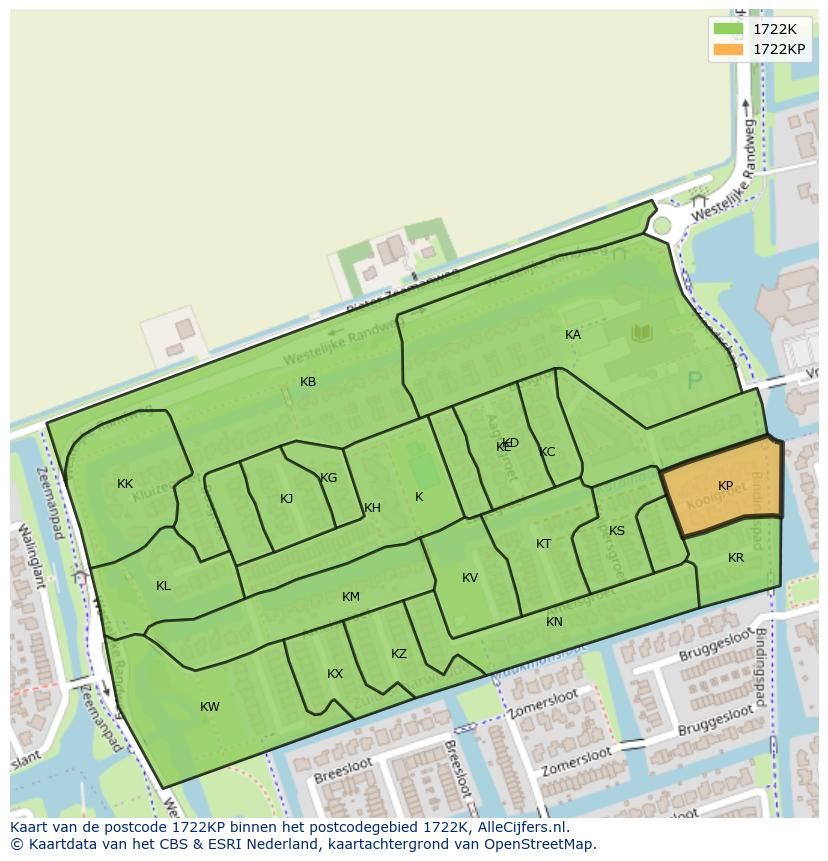 Afbeelding van het postcodegebied 1722 KP op de kaart.