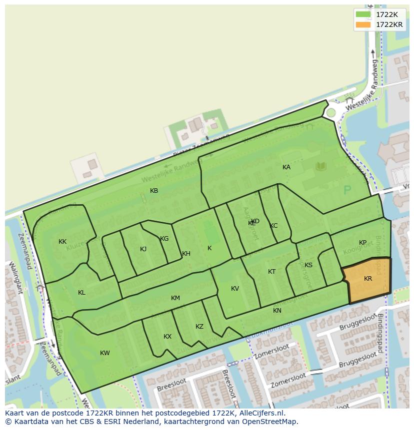 Afbeelding van het postcodegebied 1722 KR op de kaart.