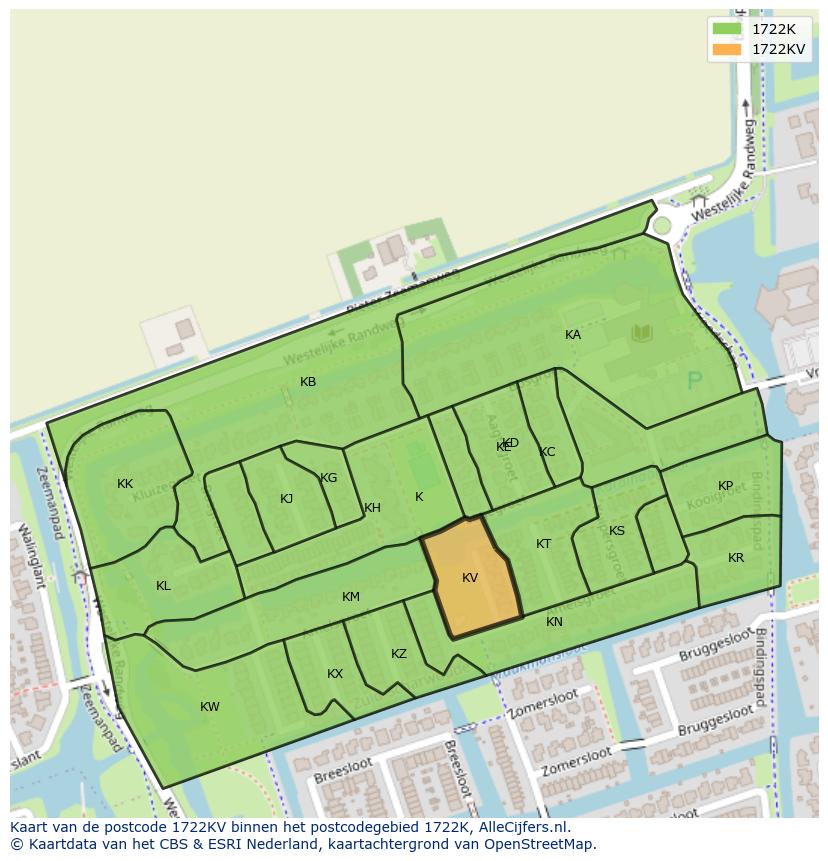 Afbeelding van het postcodegebied 1722 KV op de kaart.
