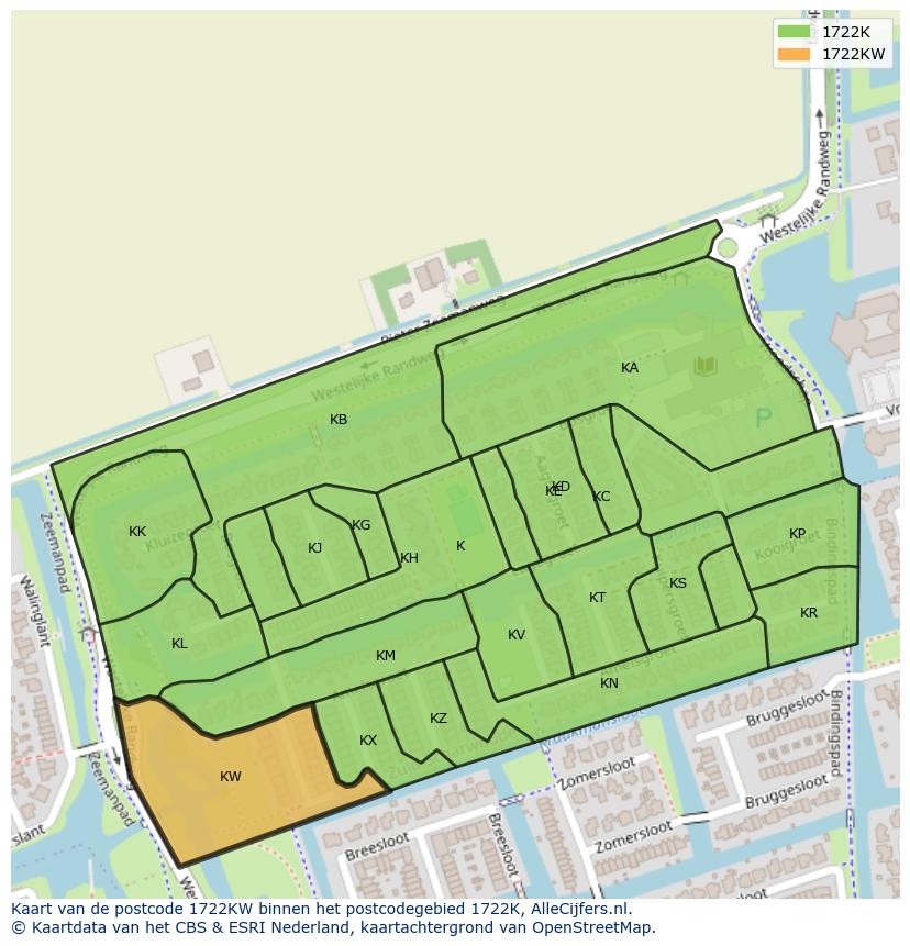 Afbeelding van het postcodegebied 1722 KW op de kaart.