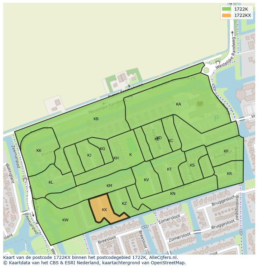 Afbeelding van het postcodegebied 1722 KX op de kaart.