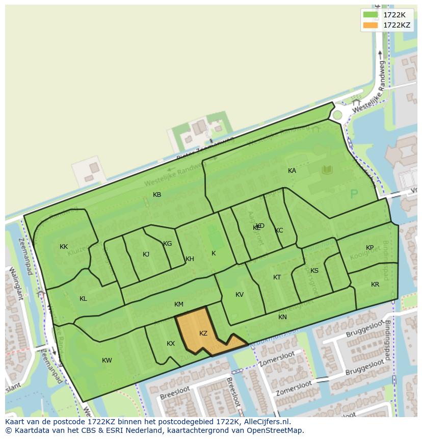 Afbeelding van het postcodegebied 1722 KZ op de kaart.