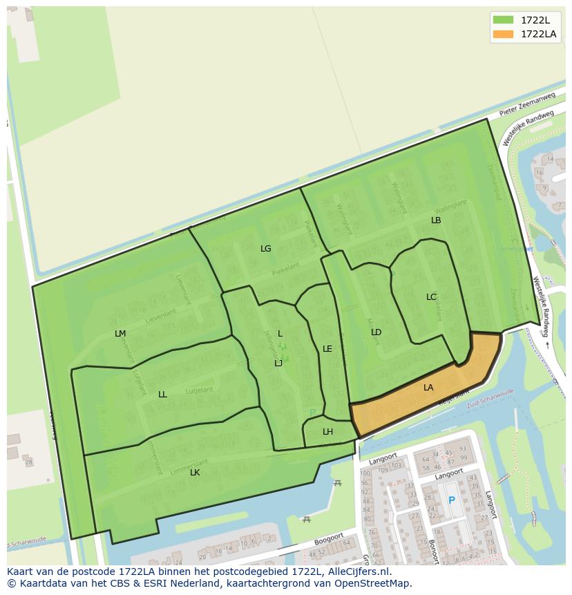 Afbeelding van het postcodegebied 1722 LA op de kaart.