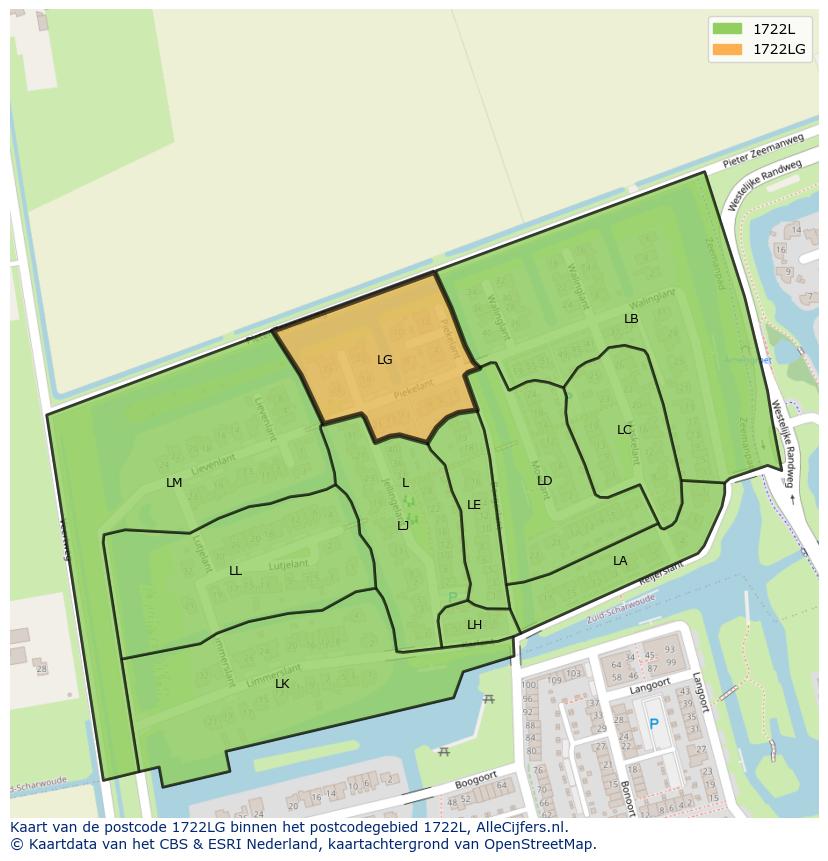 Afbeelding van het postcodegebied 1722 LG op de kaart.
