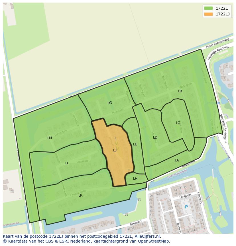 Afbeelding van het postcodegebied 1722 LJ op de kaart.