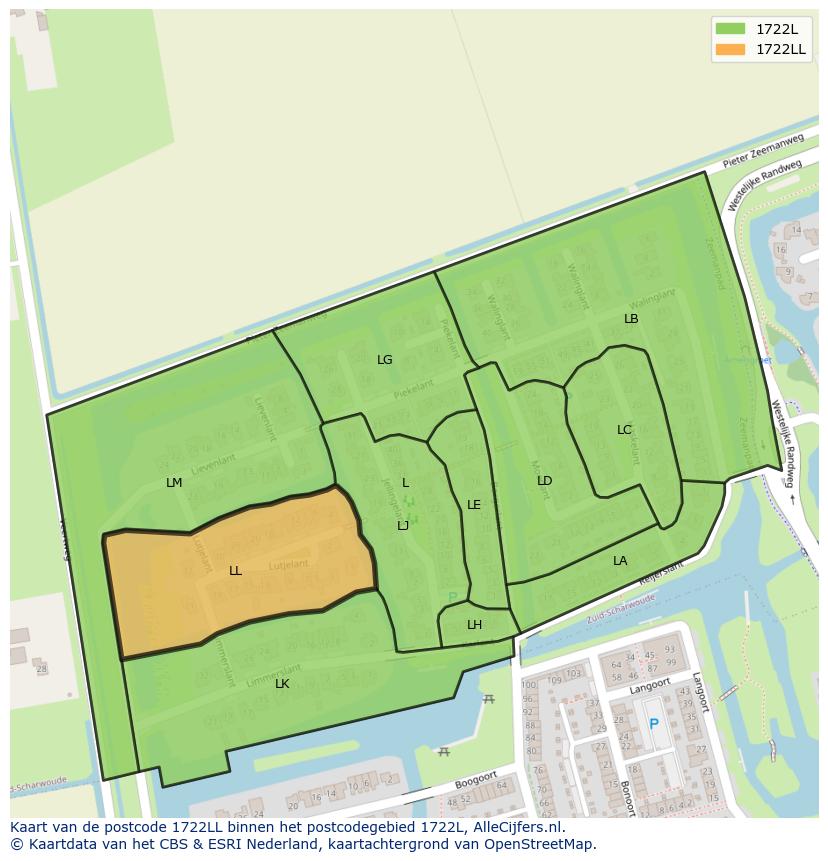 Afbeelding van het postcodegebied 1722 LL op de kaart.