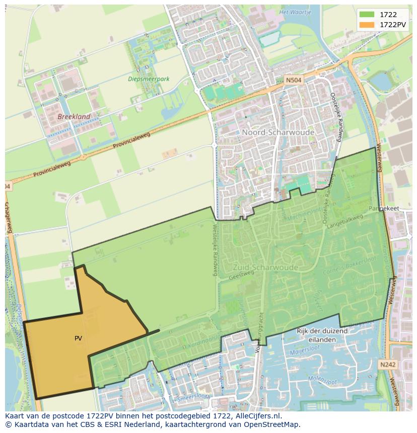 Afbeelding van het postcodegebied 1722 PV op de kaart.