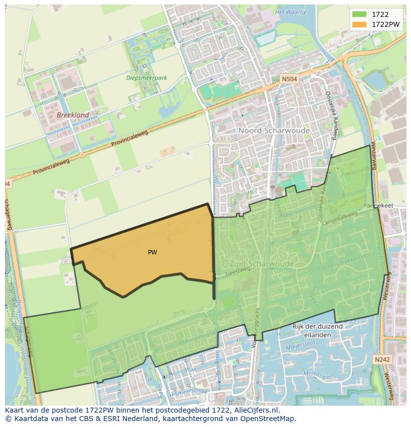 Afbeelding van het postcodegebied 1722 PW op de kaart.