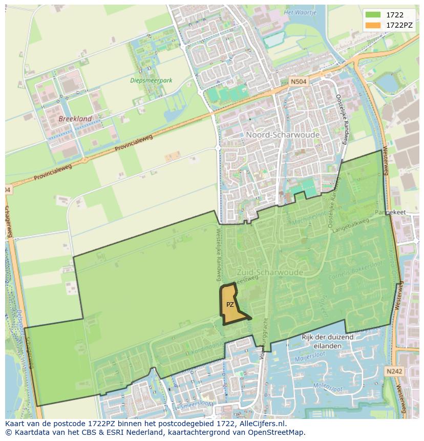 Afbeelding van het postcodegebied 1722 PZ op de kaart.
