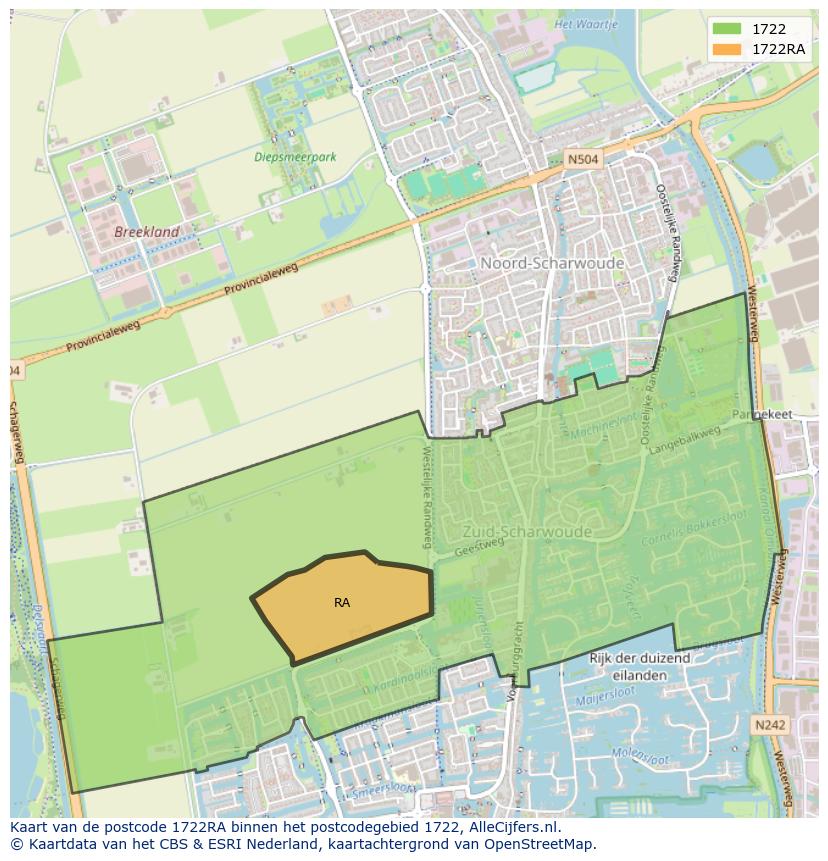 Afbeelding van het postcodegebied 1722 RA op de kaart.