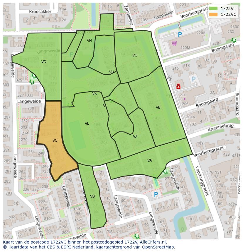 Afbeelding van het postcodegebied 1722 VC op de kaart.