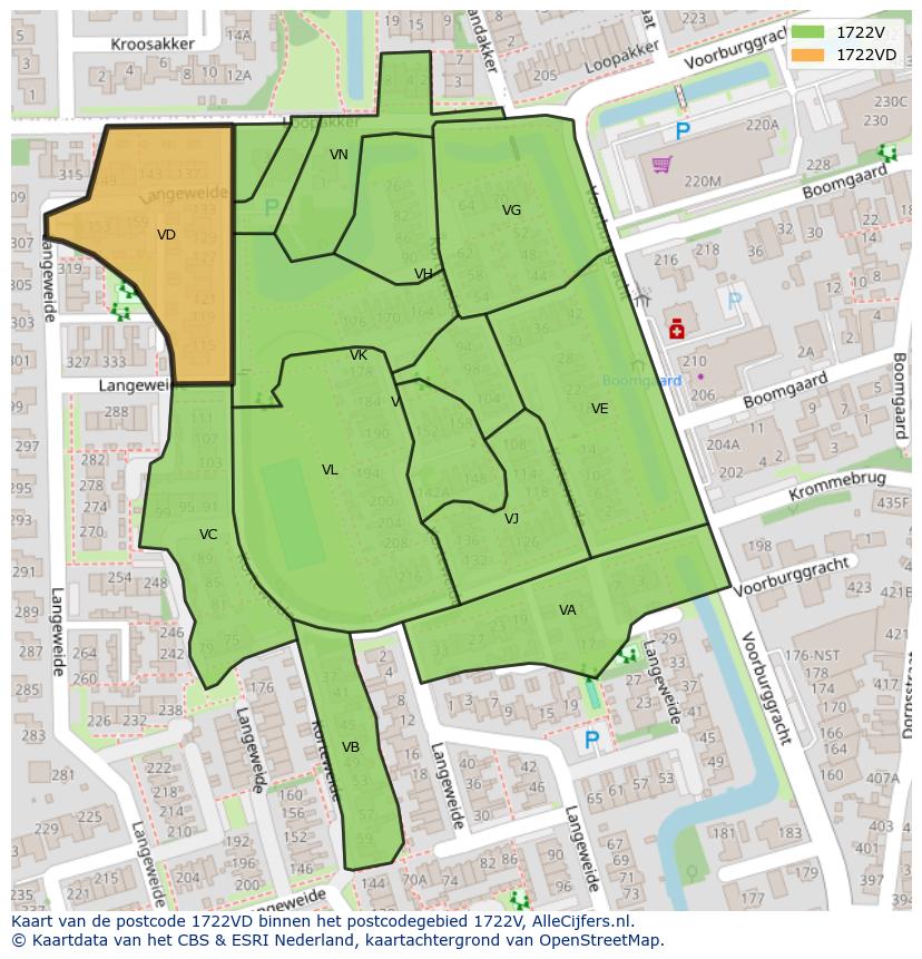 Afbeelding van het postcodegebied 1722 VD op de kaart.