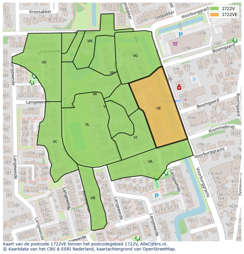 Afbeelding van het postcodegebied 1722 VE op de kaart.