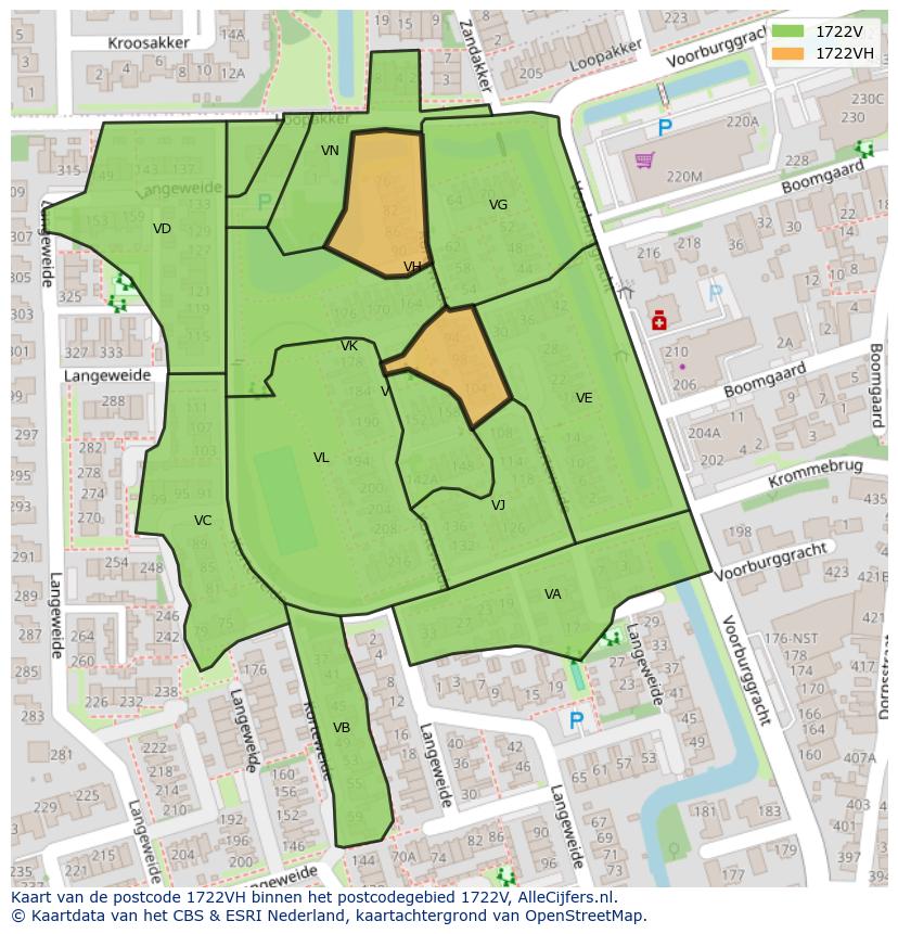Afbeelding van het postcodegebied 1722 VH op de kaart.