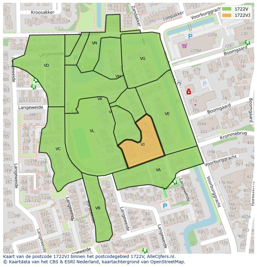 Afbeelding van het postcodegebied 1722 VJ op de kaart.