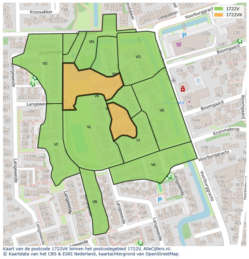 Afbeelding van het postcodegebied 1722 VK op de kaart.