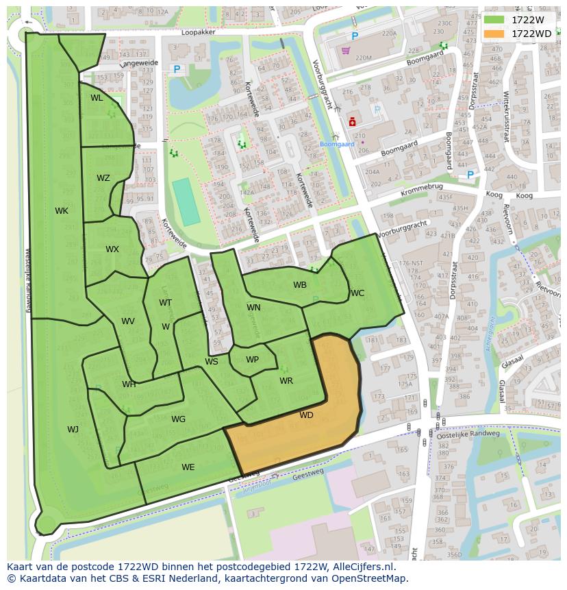 Afbeelding van het postcodegebied 1722 WD op de kaart.