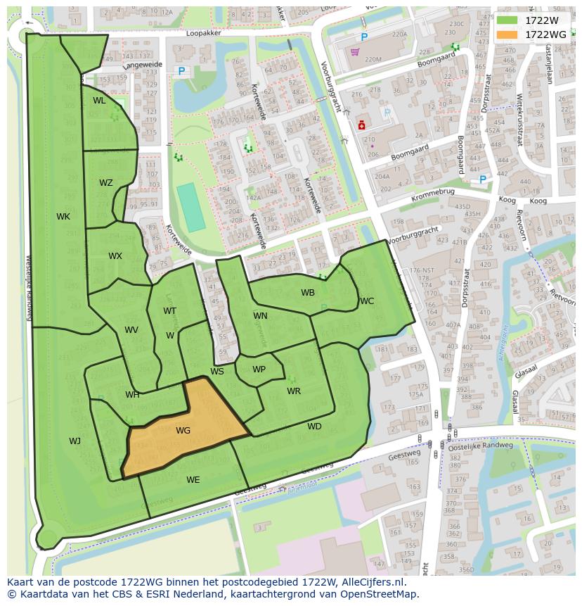 Afbeelding van het postcodegebied 1722 WG op de kaart.