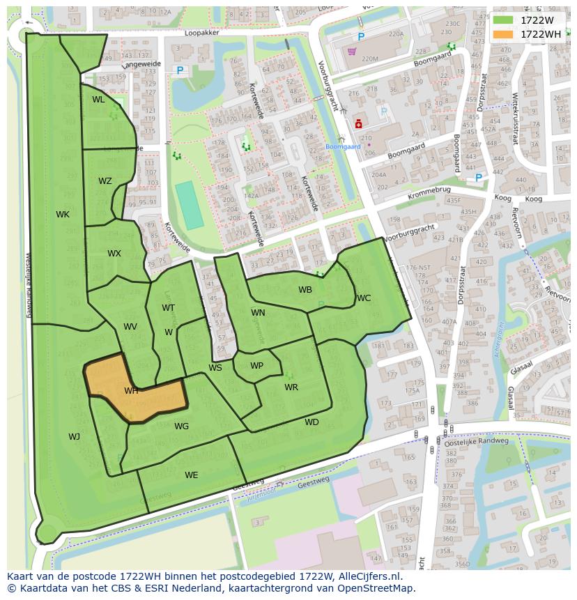 Afbeelding van het postcodegebied 1722 WH op de kaart.