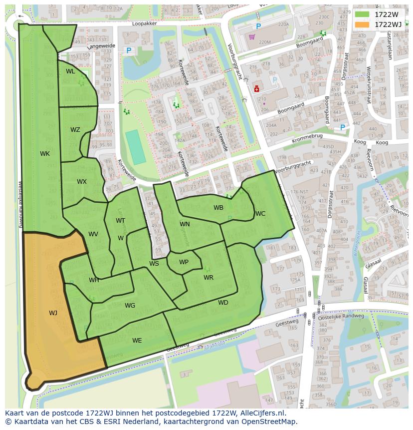 Afbeelding van het postcodegebied 1722 WJ op de kaart.