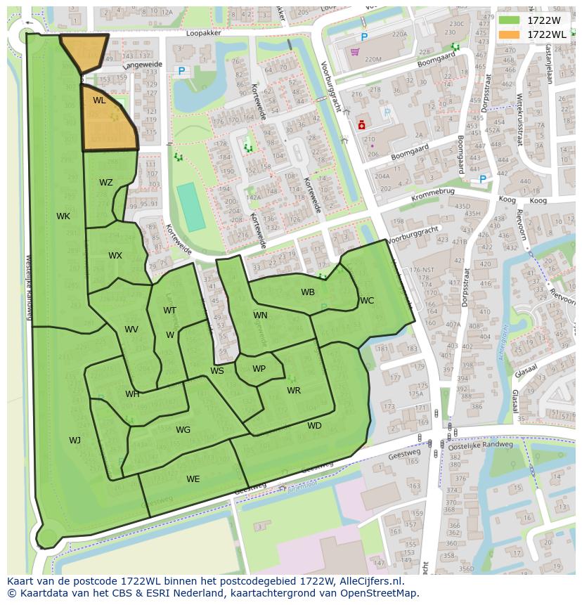 Afbeelding van het postcodegebied 1722 WL op de kaart.