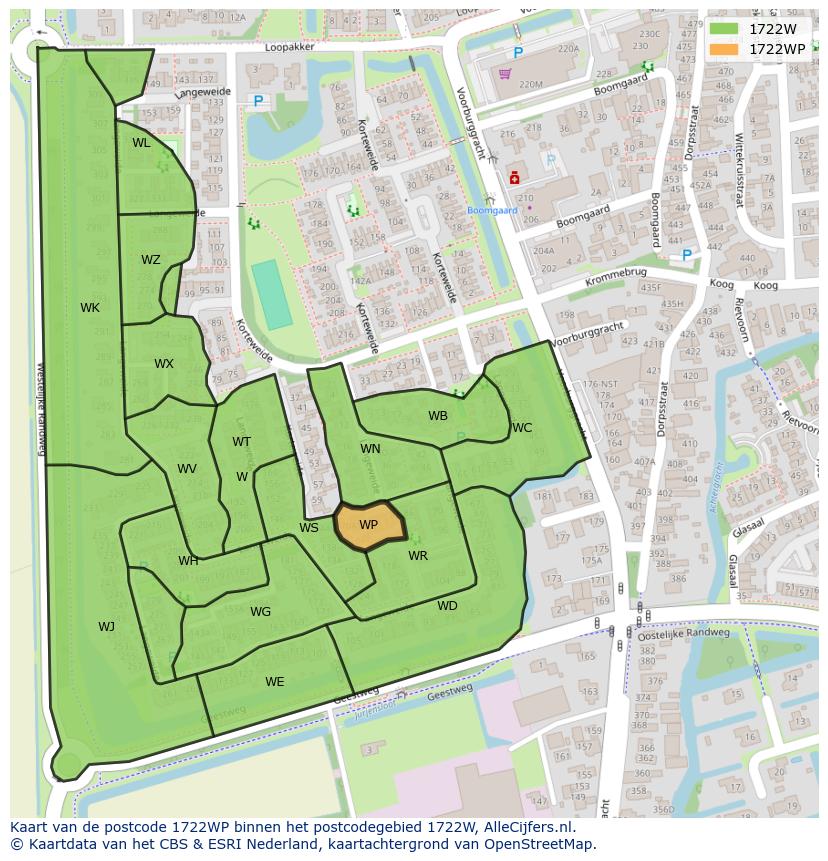 Afbeelding van het postcodegebied 1722 WP op de kaart.