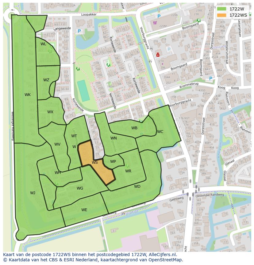Afbeelding van het postcodegebied 1722 WS op de kaart.
