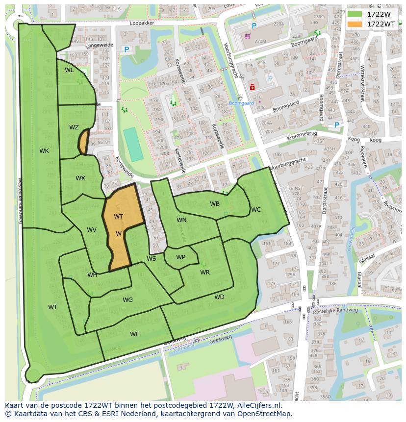 Afbeelding van het postcodegebied 1722 WT op de kaart.