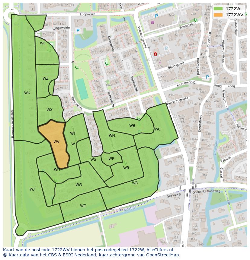 Afbeelding van het postcodegebied 1722 WV op de kaart.
