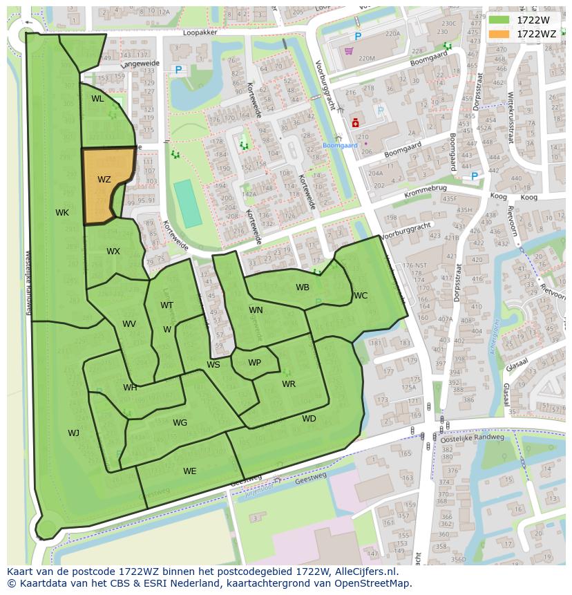 Afbeelding van het postcodegebied 1722 WZ op de kaart.