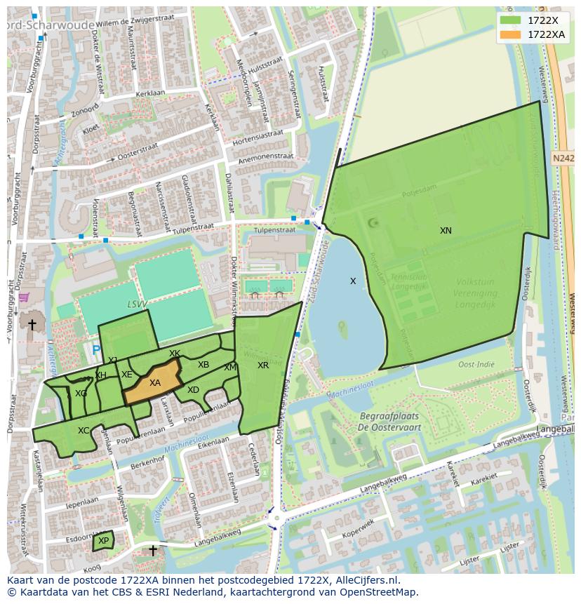 Afbeelding van het postcodegebied 1722 XA op de kaart.