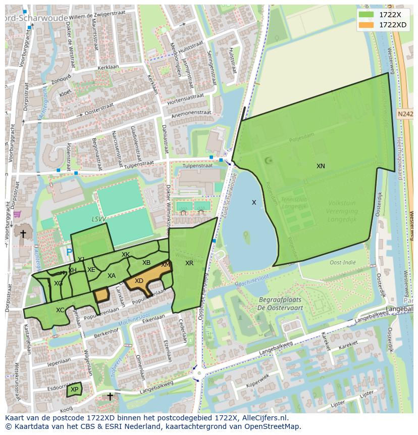 Afbeelding van het postcodegebied 1722 XD op de kaart.