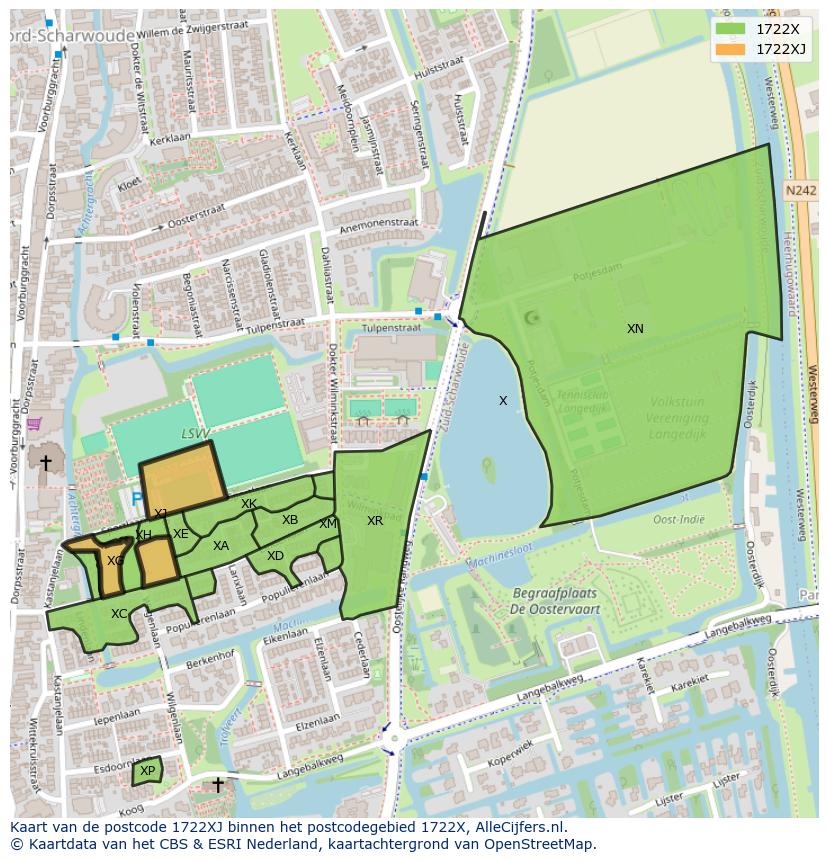 Afbeelding van het postcodegebied 1722 XJ op de kaart.